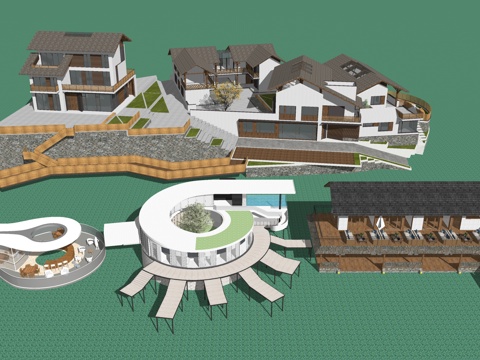 新中式民宿客栈酒店旅游度假村乡村别墅建筑su模型