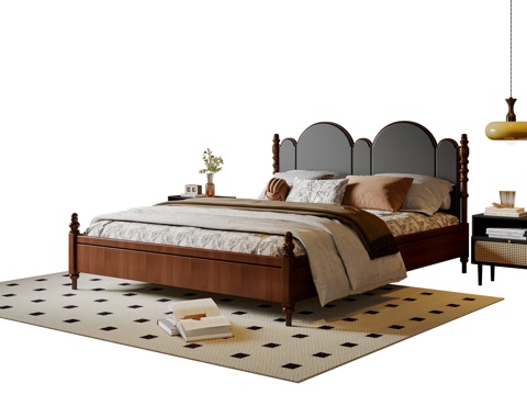  法式中古风双人床 实木双人床 床头柜 吊灯 地毯3d模型 