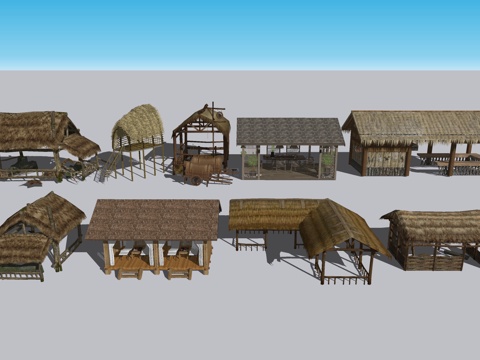  茅草亭茅草屋su模型 