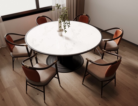  新中式餐桌椅组合 圆形餐桌 木制餐椅3d模型 