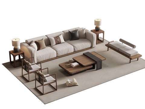 中古风沙发茶几组合su模型