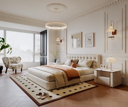  法式卧室 布艺双人床 床头柜 吊灯 挂画 休闲椅 地毯su模型 