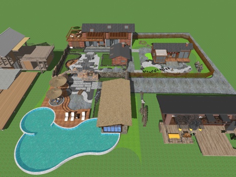 新中式民宿客栈酒店旅游度假村乡村别墅建筑su模型