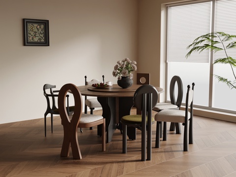 法式复古风餐桌椅 圆形餐桌su模型