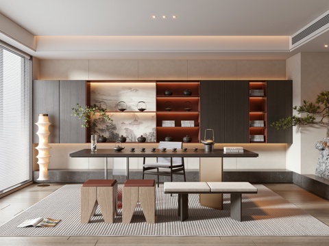  新中式茶室 茶桌 盆景 吊灯 椅子 凳子 茶壶 茶杯 茶叶su模型 