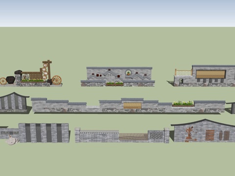 中式风格景墙 民俗文化景墙 乡村文化景墙su模型