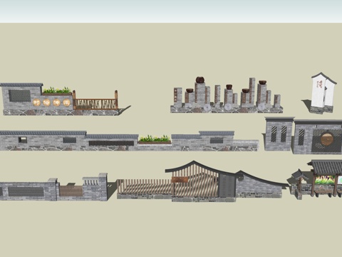 中式风格景墙 民俗文化景墙 乡村文化景墙su模型
