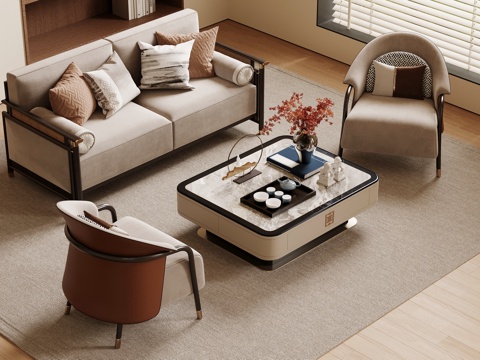 新中式沙发 多人沙发 三人沙发 沙发茶几组合su模型