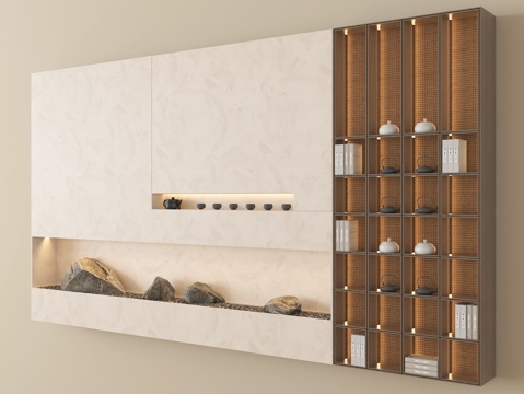 新中式形象墙 背景墙 茶室展示墙su模型