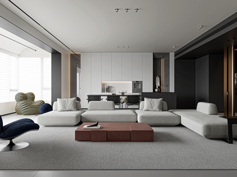  现代极简客餐厅 黑白极简客餐厅 客餐厅一体 大平层3d模型 