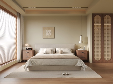  中古风卧室 双人床 床头柜3d模型 