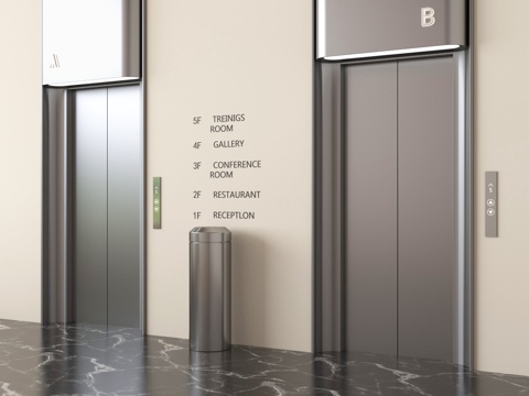 现代电梯厅 电梯间 升降梯 标识指示 垃圾桶su模型