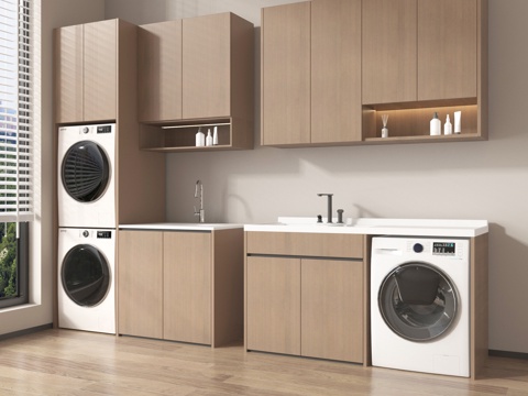 现代洗衣机柜 阳台柜 洗衣机 烘干机su模型