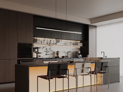  现代意式餐厅 岛台 餐桌椅 酒柜3d模型 