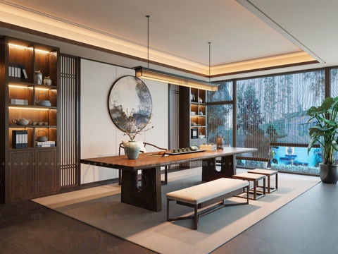  新中式中式茶室 宋式风茶室 茶桌椅组合 茶室柜 茶室摆件3d模型 