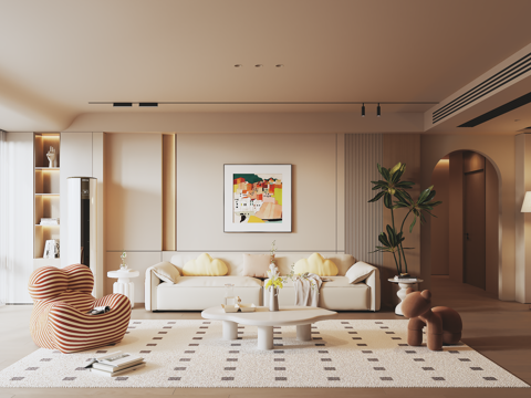  奶油风现代客厅 沙发背景墙 沙发茶几组合3d模型 