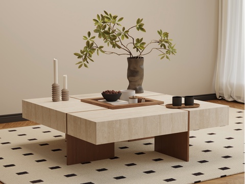  侘寂中古风茶几 大理石茶几3d模型 