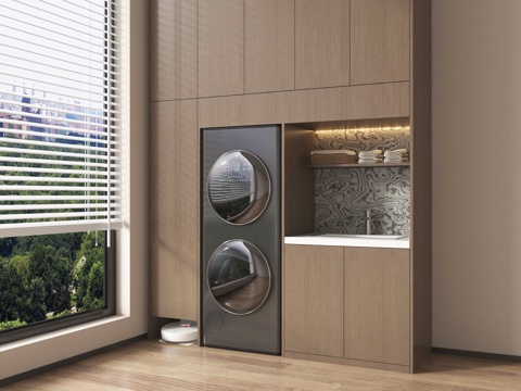  现代洗衣机柜 阳台柜 洗烘一体机 扫地机器人3d模型 