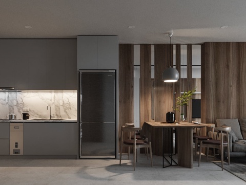  现代简约公寓 客餐厨一体 隐形门 木格栅 卧室3d模型 