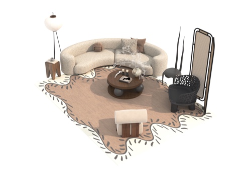  中古风沙发茶几组合3d模型 