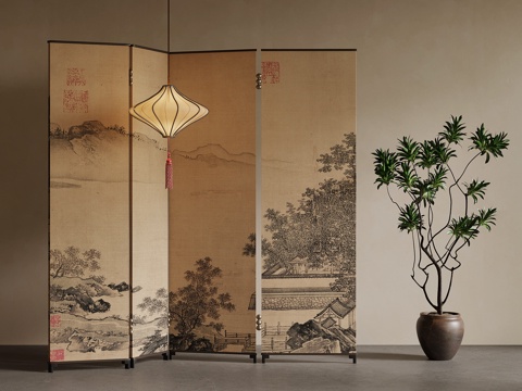 新中式屏风 宋氏风隔断su模型