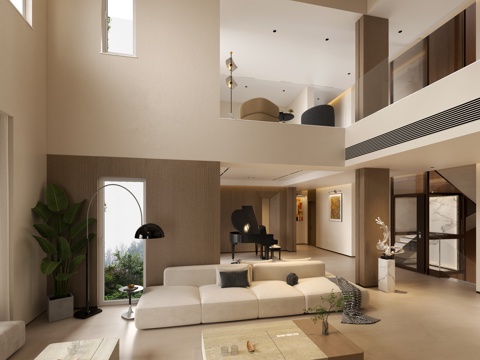 现代复式挑空客厅 现代意式别墅客厅 现代简约复式客厅 别墅客su模型