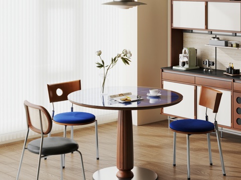  实木圆桌椅 包豪斯圆餐桌椅 中古风餐桌椅3d模型 