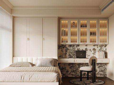  法式奶油风榻榻米卧室su模型 