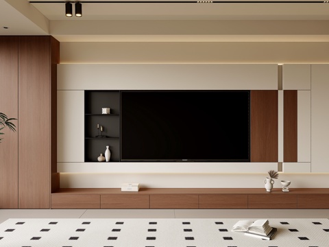  现代中古风电视背景墙 客厅电视墙 客厅阳台柜电视墙3d模型 