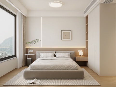  原木奶油风卧室3d模型 