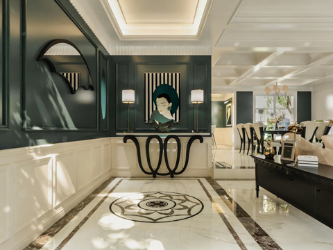  现代轻奢客厅 墨绿色背景墙 米色沙发 弧形玄关柜3d模型 