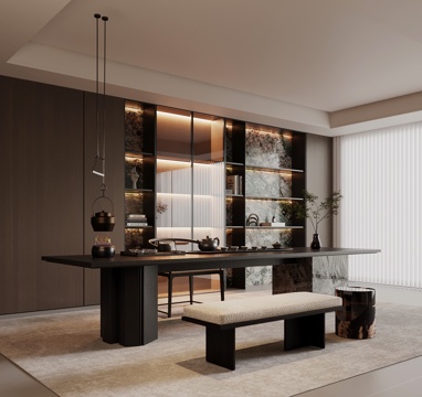  现代意式茶室 茶桌椅 书柜 书房su模型 