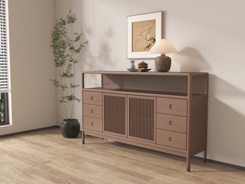  新中式玄关柜 边柜 储物柜 装饰柜 挂画 摆件3d模型 