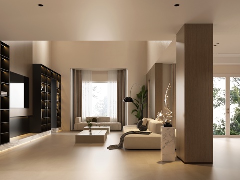 现代复式客厅沙发 现代意式复式客厅 现代复式电视墙 极简书柜su模型