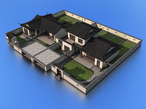  中式独栋别墅小院3d模型 