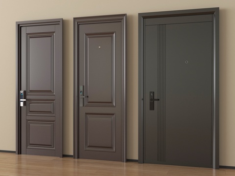 现代入户门 防盗门 密码锁指纹锁  实木单开门su模型