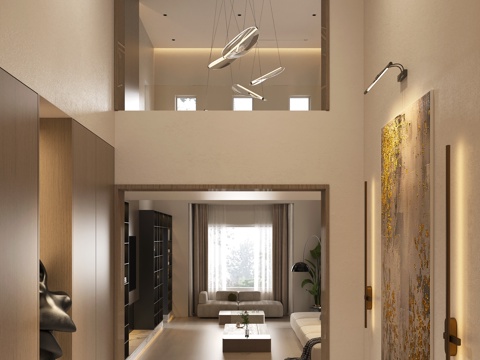  现代别墅门厅入户 现代复式玄关门厅 意式别墅端景挂画 别墅客3d模型 