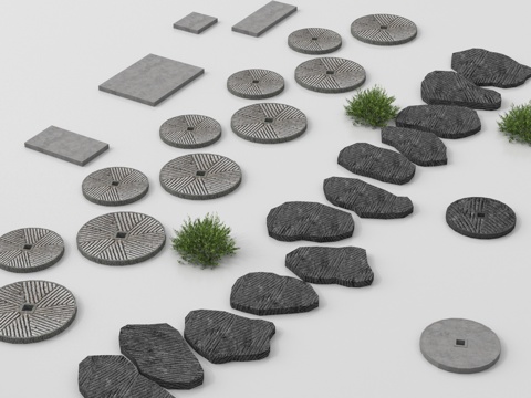  现代老石板 汀步 石板路 游步道 园林铺装3d模型 