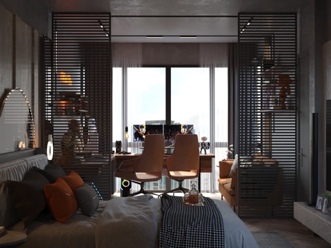  现代轻工业风公寓卧室 卧室工作室电竞房一体 酒店客房3d模型 