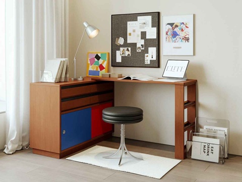  现代中古书桌椅组合 包豪斯侘寂多巴胺 简约法式原木奶油3d模型 