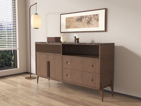  新中式玄关柜 边柜 储物柜 装饰柜 挂画 摆件3d模型 