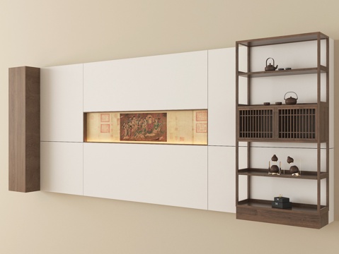 新中式背景墙 置物架 茶柜 茶具su模型