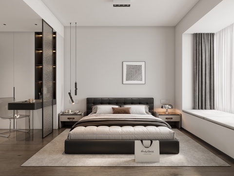  现代黑白灰卧室3d模型 
