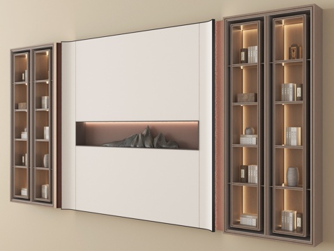 新中式背景墙 书柜 装饰柜su模型