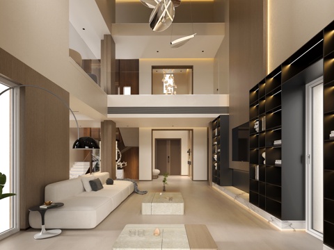 现代复式挑空客厅 现代意式别墅客厅 现代简约复式客厅 别墅客su模型