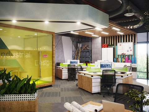  现代办公室 玻璃隔断绿植 阶梯休息区 吧台会议室3d模型 