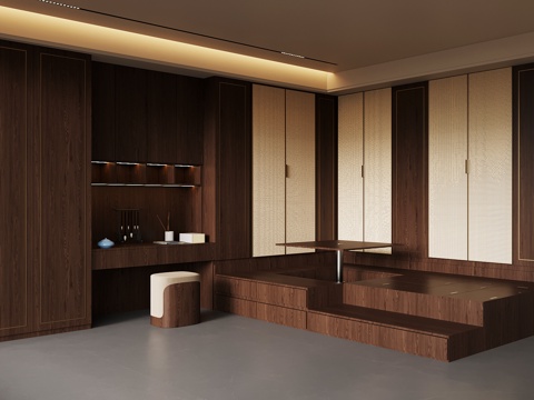  新中式榻榻米卧室 书桌 衣柜3d模型 