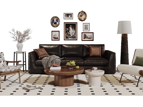  法式复古沙发组合 单人沙发 休闲椅 茶几 落地灯 装饰画 摆3d模型 