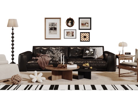  法式复古沙发组合 单人沙发 休闲椅 茶几 落地灯 装饰画 摆3d模型 