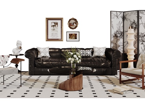  法式复古沙发组合 单人沙发 休闲椅 茶几 落地灯 装饰画 摆3d模型 